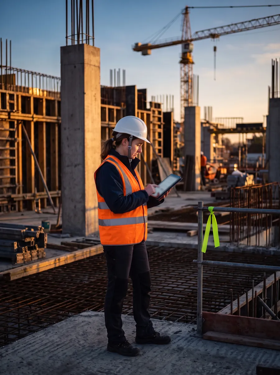Architetta in cantiere all'alba, con tablet